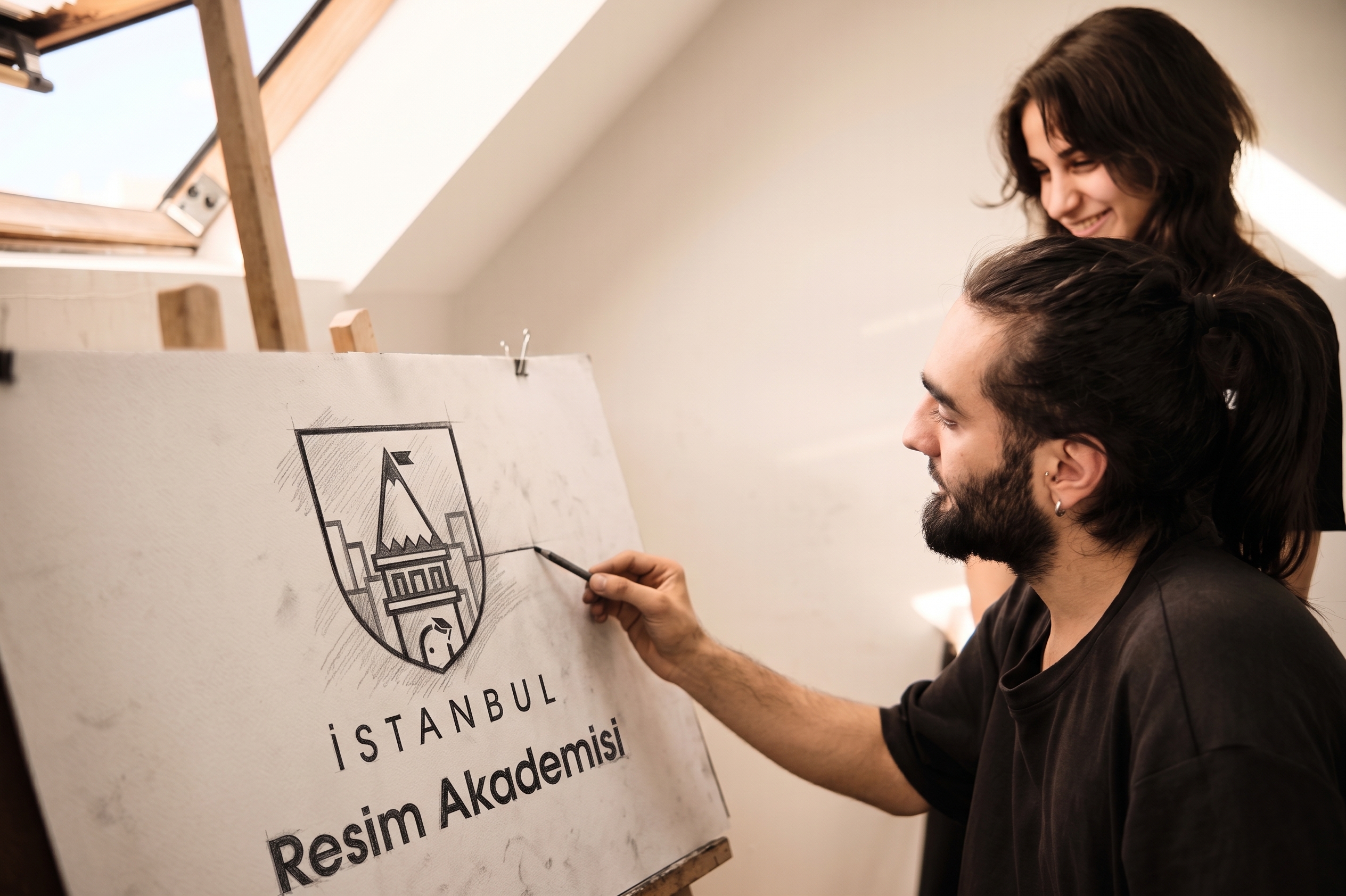 İstanbul Resim Akademisi atölyesinde karakalem çalışması yapan öğrenci